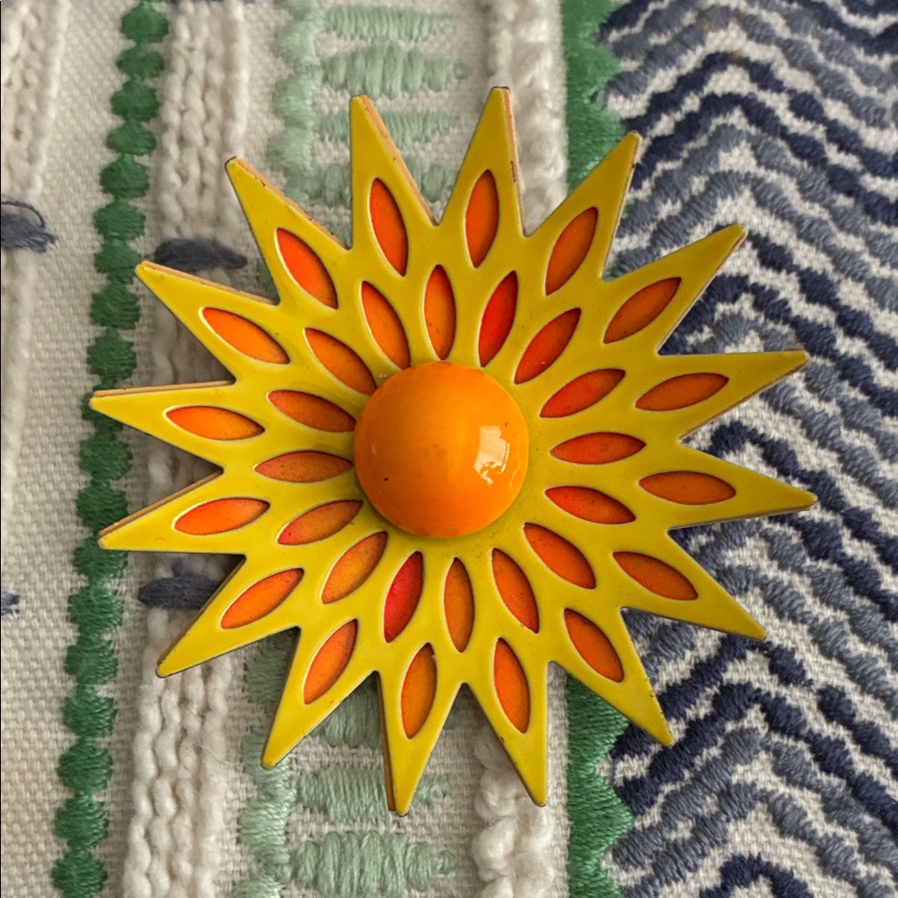 Mid-Century Modern Bright Yellow & Orange Enamel Sunburst Brooch